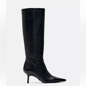 Zara Fine Pointed Toe Heeled Leather Knee High Boots
